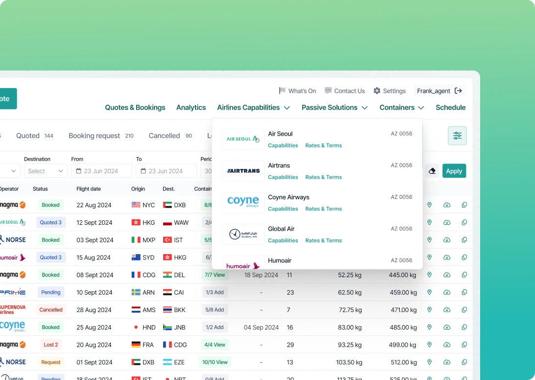 A webpage screenshot displays a table of flight booking details, featuring airlines and destinations. A dropdown menu links to "Rates &amp; Terms" for various airlines. The background fades from light green to darker green, akin to refreshing quotes on travel vistas.