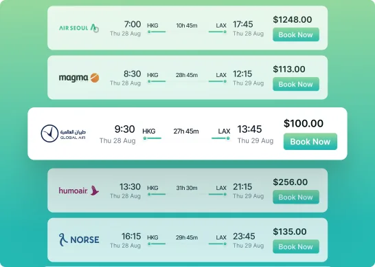 List of flight options from multiple airlines with departure and arrival times, durations, prices, and a "Book Now" button next to each row.