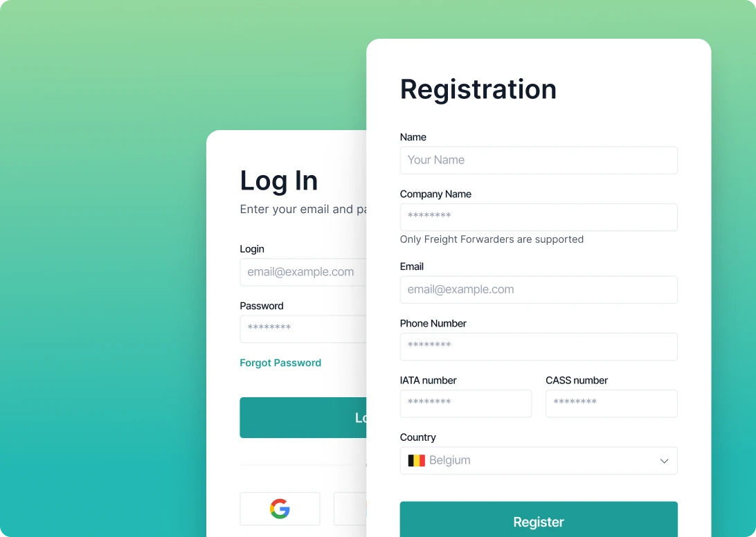 Digital interface showing "Log In" and "Registration" forms. Includes fields for email, password, name, company details, phone number, and country selection with a register button. Background is a green gradient.