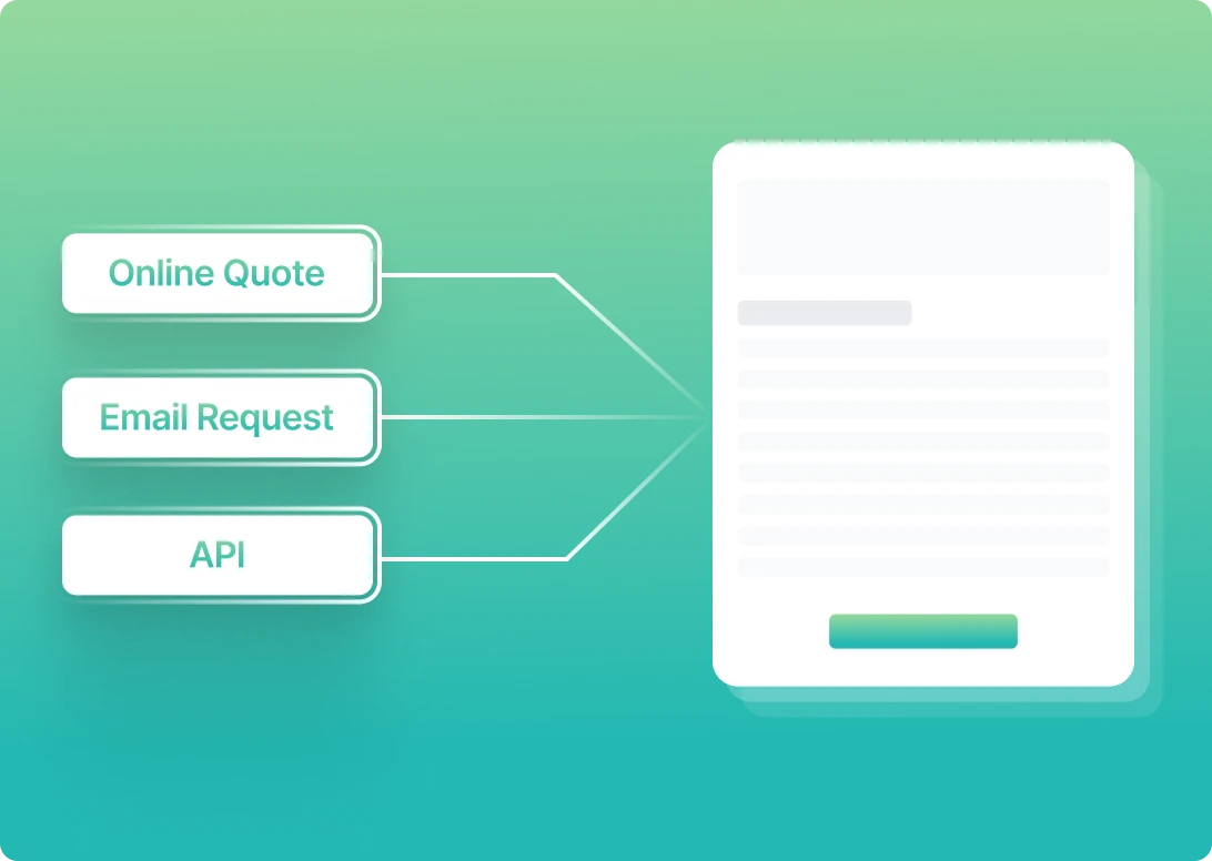 A flowchart on a green background illustrates "Online Quote," "Email Request," and "API" channels leading into a document, symbolizing diverse input methods, such as booking requests or quotes, converging into a seamless output.