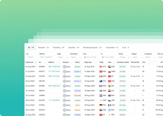 Logistics dashboard showing a table of bookings filtered by status, with columns for AWB number, origin, destination, dates, and weight.