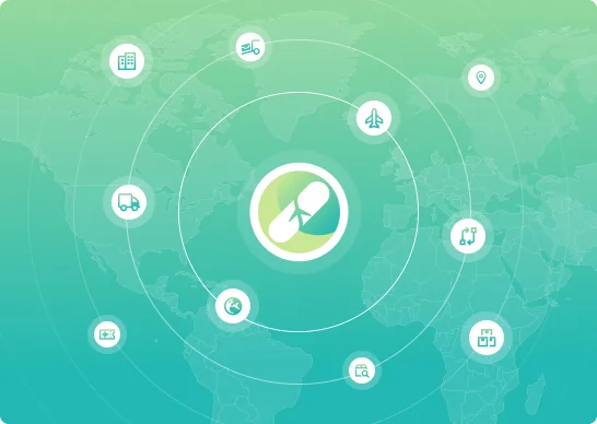 A central PCS logo surrounded by icons representing airlines, freight forwarders, GSAs, and other partners connected in a circular network over a world map.
