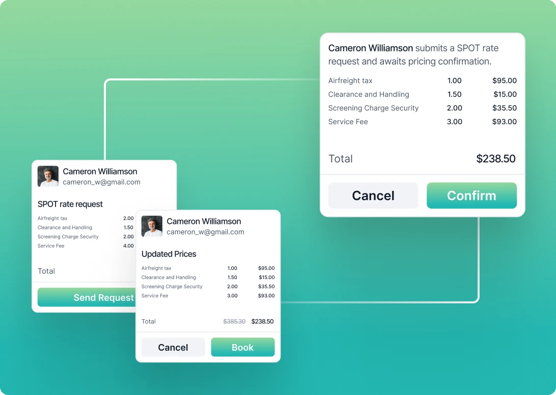 A digital interface displays an airline booking process with price breakdown and total amount of $238.50. Options to "Cancel" or "Confirm" are shown.