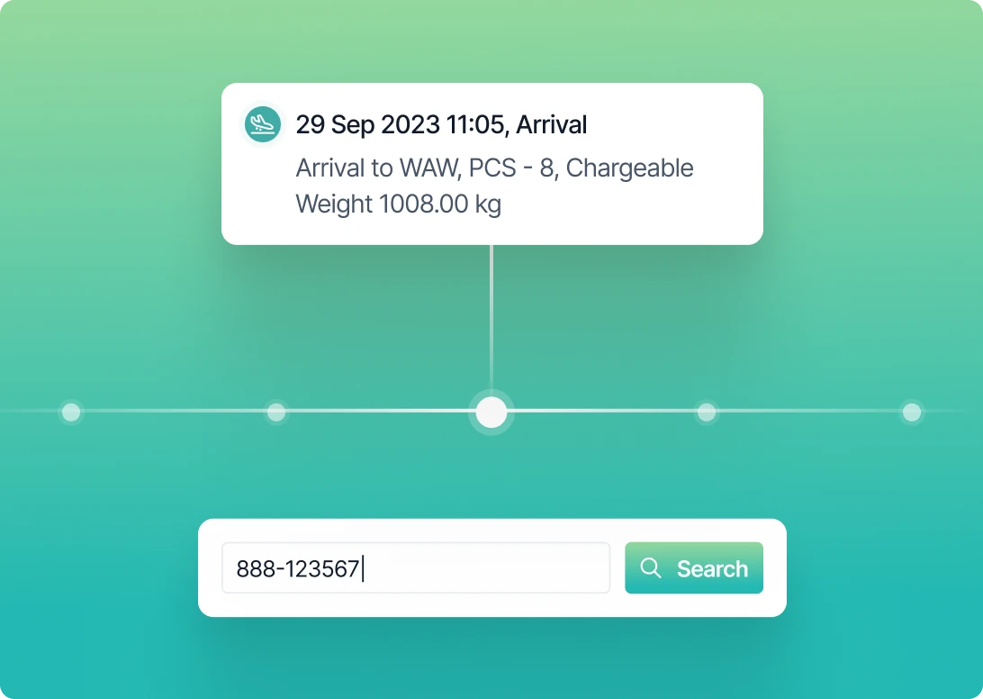 A tracking interface showing a shipment scheduled to arrive on 29 Sep 2023 at 11:05. Destination: WAW, with 8 pieces and a chargeable weight of 1008.00 kg. A tracking number, "888-123567," is entered in the search bar.